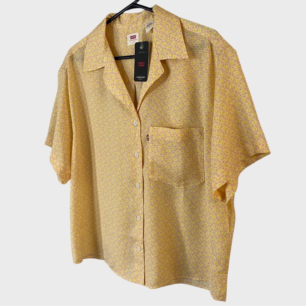 Levis Floral Resort Shirt Yellow Women's Size Large Short-Sleeve Button-Up New - Picture 2 of 15
